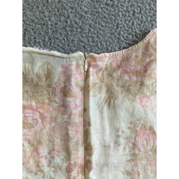 Eileen West Mini Dress 10P Linen Floral Short Sleeve Cream Pink Cottage Retro 10 - Picture 7 of 16